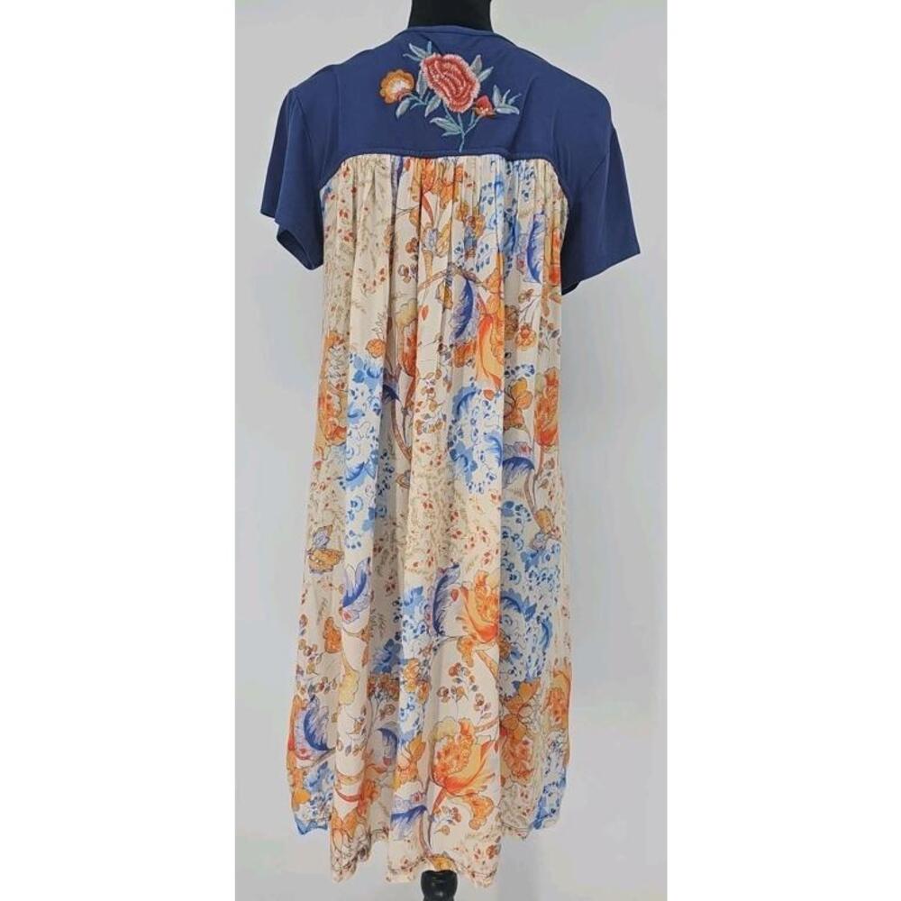 Karyn Seo Embroidered Dress Small Handmade Blue Jersey Cozy Boho Floral